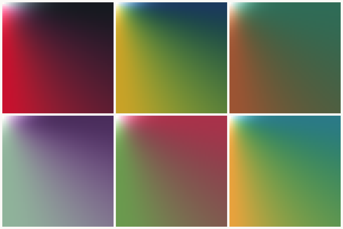 Six squares. Each shows two pigments mixed at every strength and ratio: red into black, yellow into blue passing through green, sienna into green, green into violet, green into crimson, orange into teal.