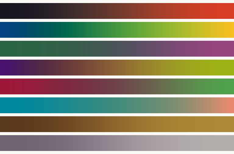 Eight horizontal colour ramps, each running from one pigment to another through their real mixtures.