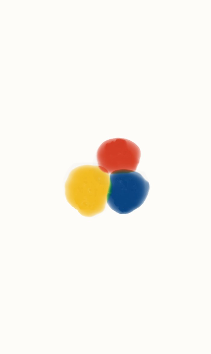 A recent sheet: white paper, with red, yellow and blue meeting and mixing where they touch.