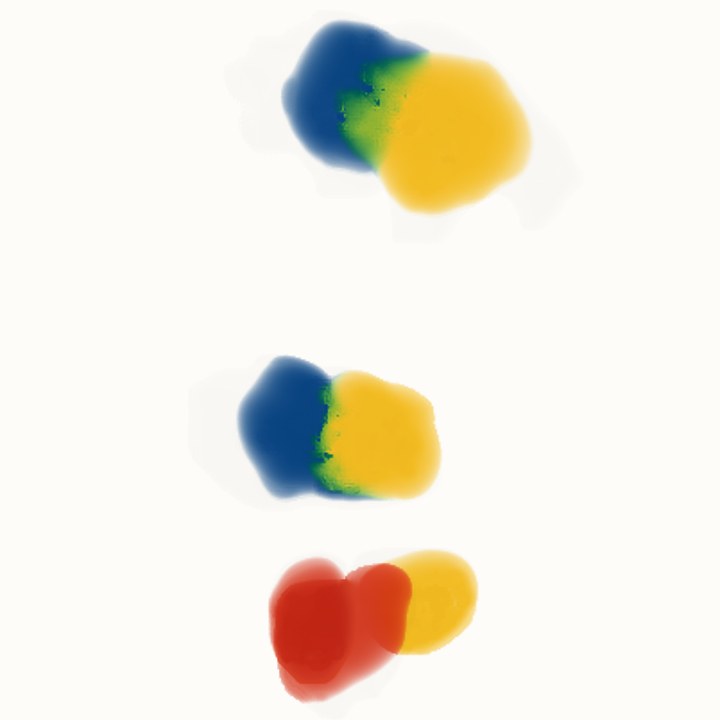 Blue and yellow painted into each other, green where they overlap