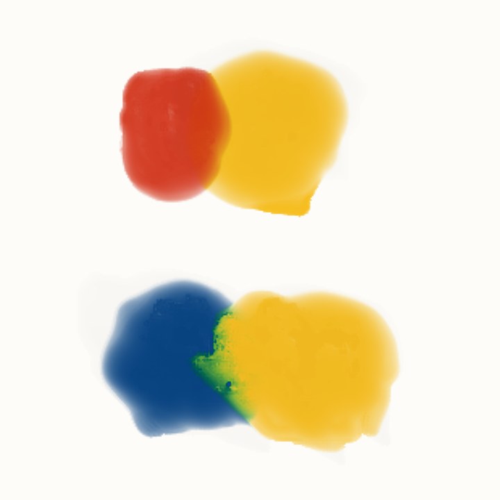 Red into yellow, and blue into yellow turning green at the edge
