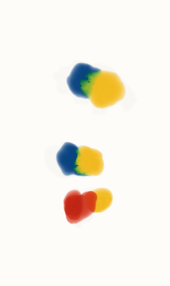 A sheet from the app: blue and yellow painted into each other twice, green where they overlap, and red into yellow below.